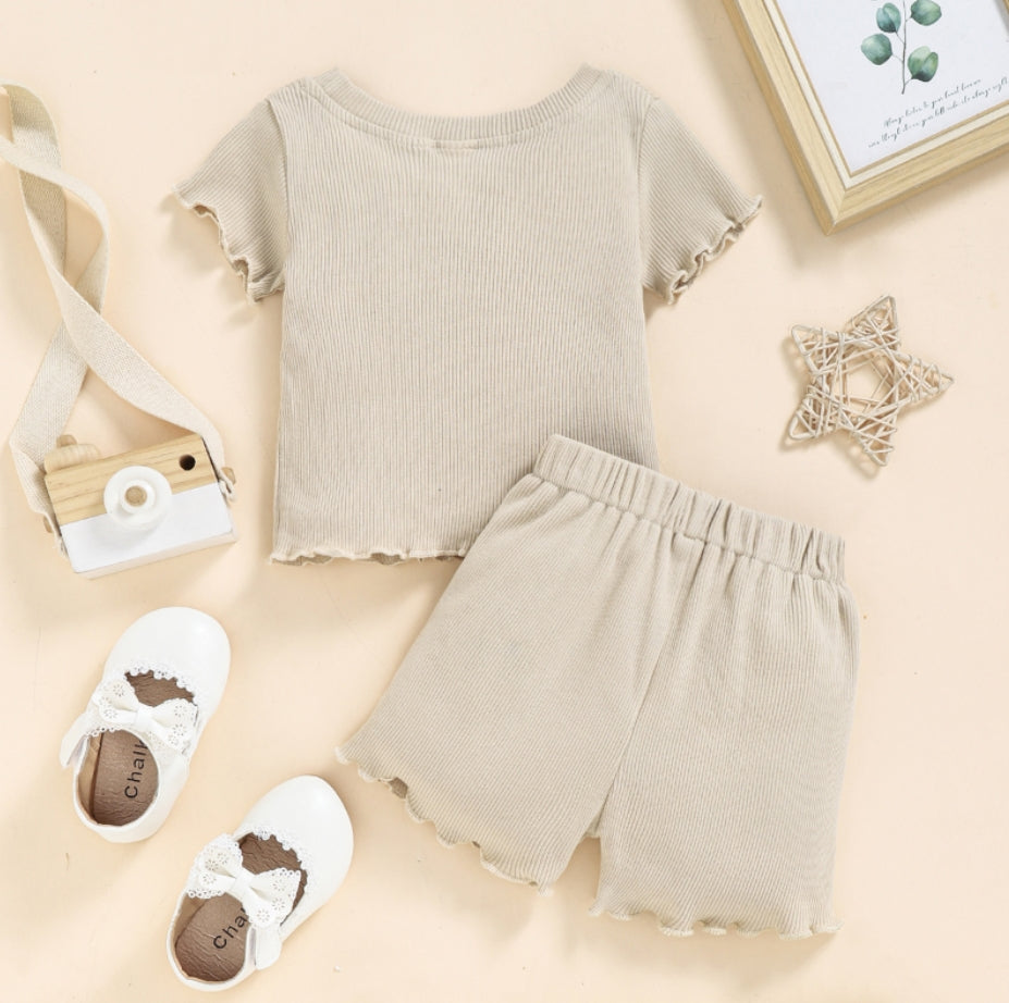 2022 Toddlers Baby Girls Summer Clothes Set Ruffle Ribbed Knit Short Sleeves T-Shirt Tops Shorts Casual Girls Outfits 2pcs
