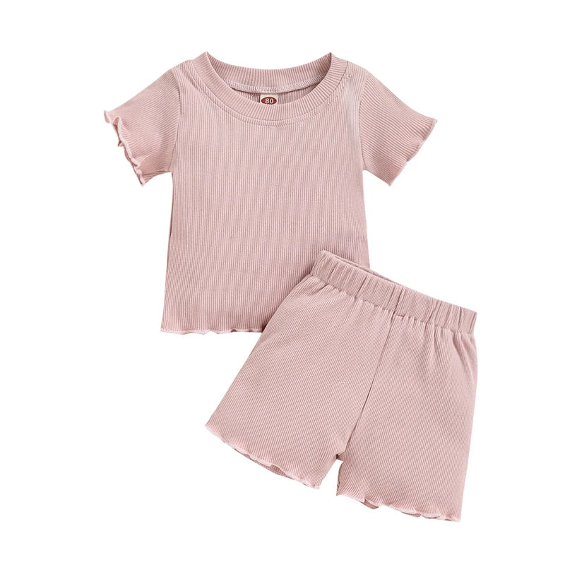 2022 Toddlers Baby Girls Summer Clothes Set Ruffle Ribbed Knit Short Sleeves T-Shirt Tops Shorts Casual Girls Outfits 2pcs