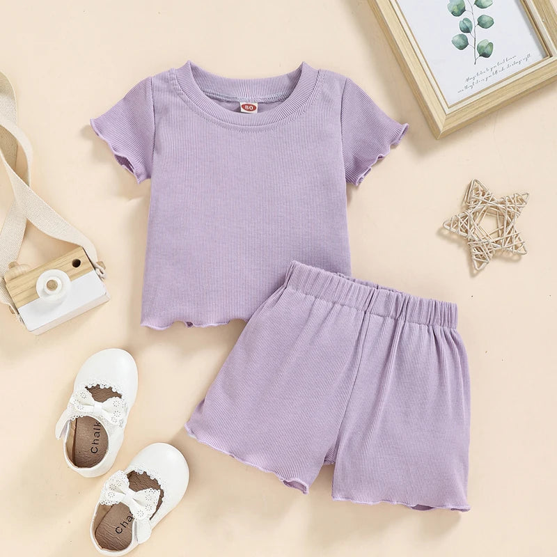 2022 Toddlers Baby Girls Summer Clothes Set Ruffle Ribbed Knit Short Sleeves T-Shirt Tops Shorts Casual Girls Outfits 2pcs