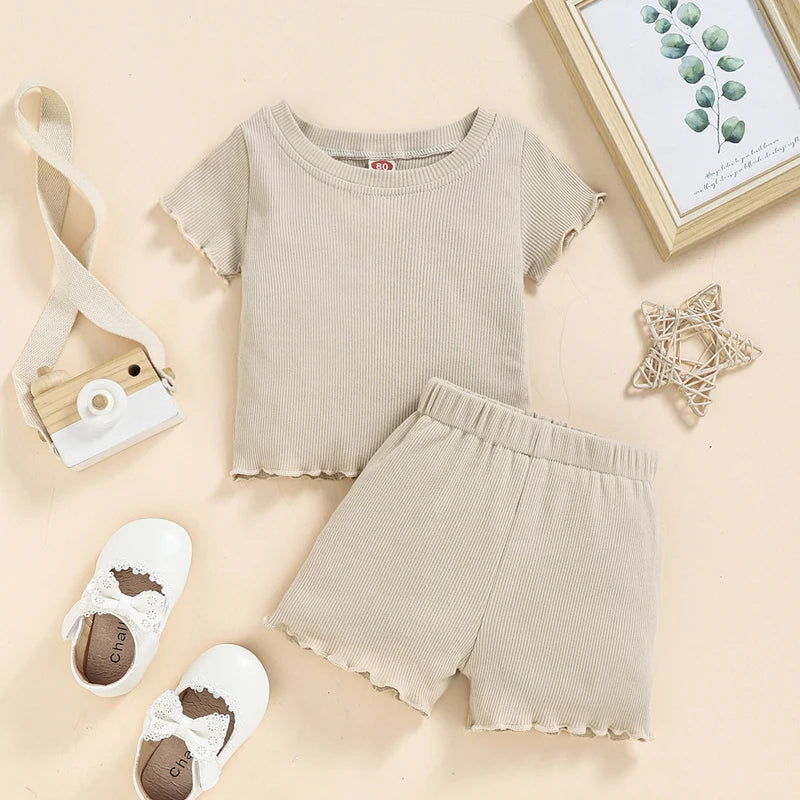 2022 Toddlers Baby Girls Summer Clothes Set Ruffle Ribbed Knit Short Sleeves T-Shirt Tops Shorts Casual Girls Outfits 2pcs