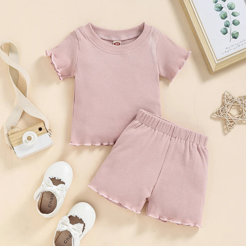 2022 Toddlers Baby Girls Summer Clothes Set Ruffle Ribbed Knit Short Sleeves T-Shirt Tops Shorts Casual Girls Outfits 2pcs