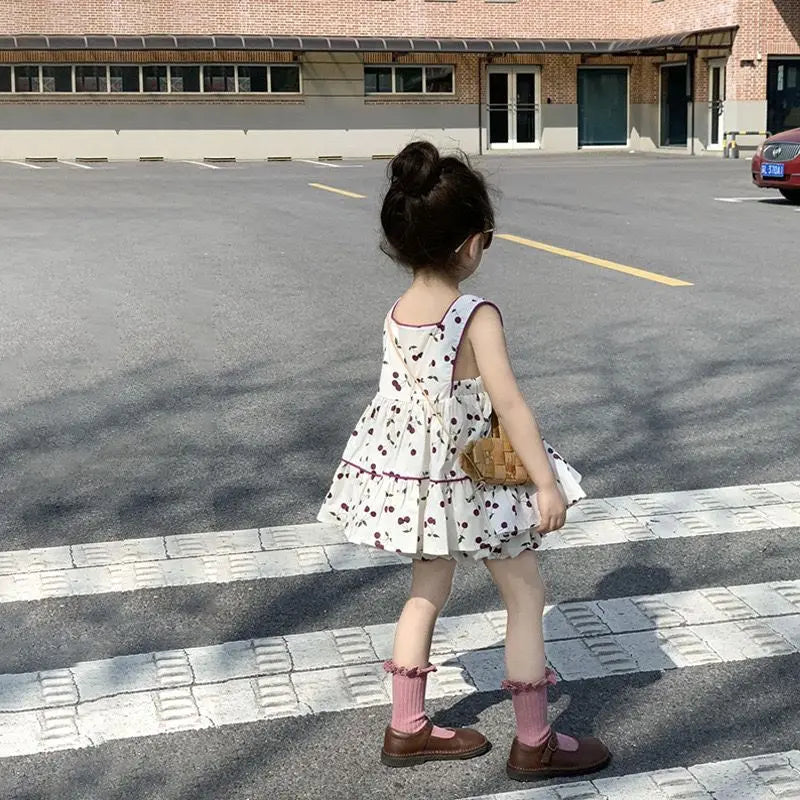 Kids Summer Clothing Set Girls Cherry Print Square Collar Loose Shirt+Elastic Waist Shorts 2-8Y Children 2Pcs Cute Clothes Suit
