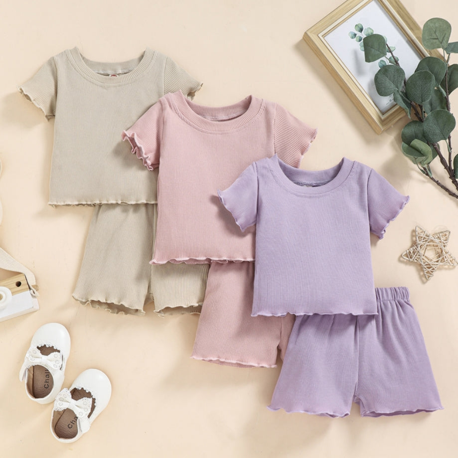 2022 Toddlers Baby Girls Summer Clothes Set Ruffle Ribbed Knit Short Sleeves T-Shirt Tops Shorts Casual Girls Outfits 2pcs