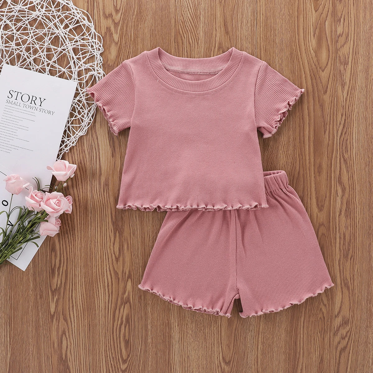 2022 Toddlers Baby Girls Summer Clothes Set Ruffle Ribbed Knit Short Sleeves T-Shirt Tops Shorts Casual Girls Outfits 2pcs