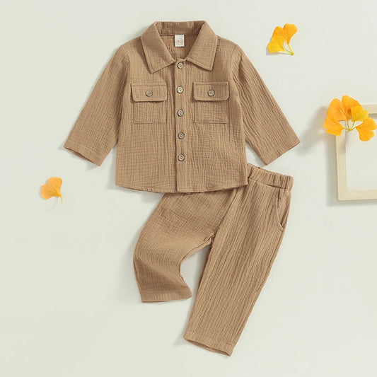 Toddler Boy Linen Outfit Baby Boy Fall Winter Clothes Set Button-Down Shirt Tops Cotton Linen Pants 2PCS