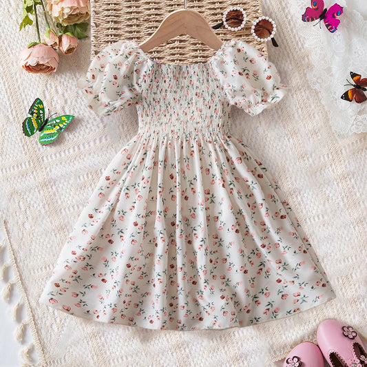 Kids Casual Dress for Girls Clothes 2024 New Summer Children Fashion White Floral Print Puff Sleeve Princess Dress 2-6 Years