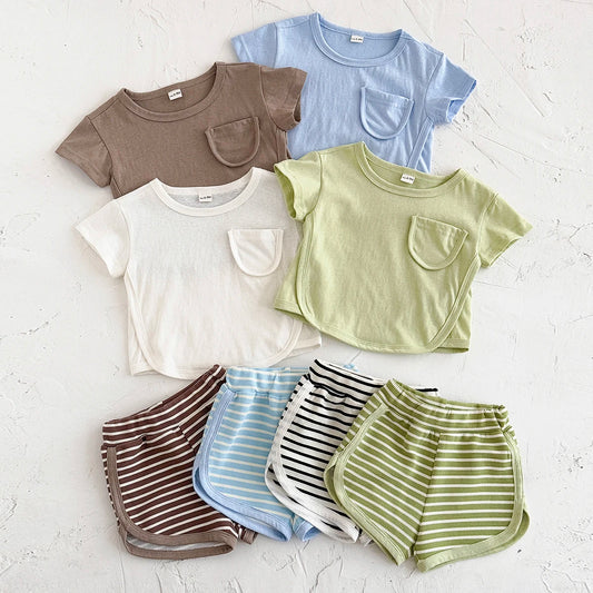 Toddler Baby Summer Casual Clothes Sets Solid Color With Pocket T-shirt Tops+Striped Triangle Shorts Boys Girls Clothes 2Pcs/Set