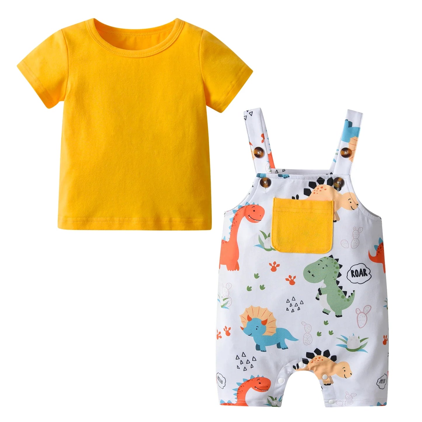 2PCS Toddler Baby Boy Cute Clothes Set New Summer Solid Tee Top and Dinosaur Printed Strap Pants Outfit for Boys 0 to 2Years