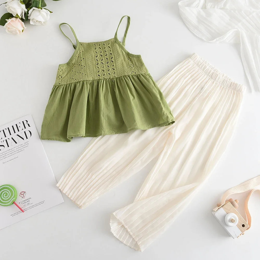 Toddler Girls Suit 2023 New Summer Hollow Suspender Top + Solid Color Trousers Fashion Suit Soft Clothes 2-7 Years