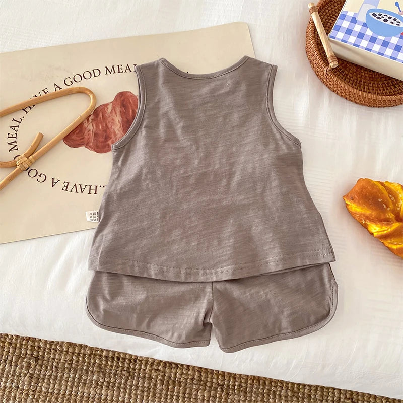 Kids Boy 2 Piece Outfits Solid Color/Stripe Print Sleeveless Tank Tops and Elastic Shorts Set Summer Clothes