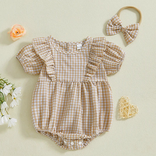 Baby Clothing Girls Romper + Headband Cotton Flying Sleeve Plaid Infant Rompers Jumpsuit Newborn Clothes