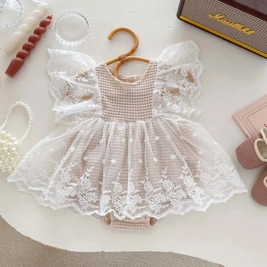 Newborn Baby Clothing Bodysuit Infant Waffle Romper Girls Flying Sleeve Summer Lace Jumpsuit Dress Sweet Toddler Clothes 3-24M