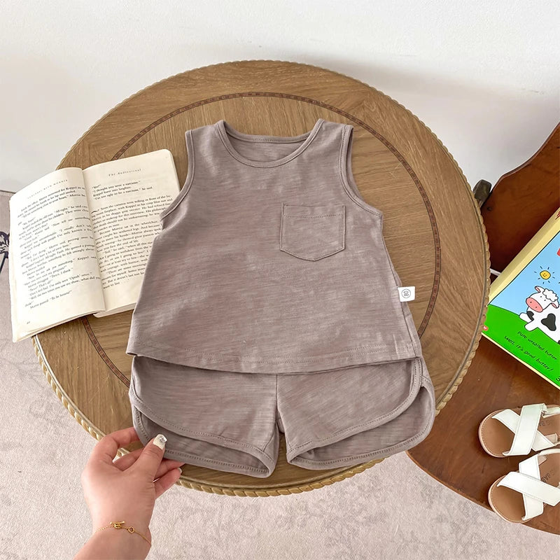 Kids Boy 2 Piece Outfits Solid Color/Stripe Print Sleeveless Tank Tops and Elastic Shorts Set Summer Clothes