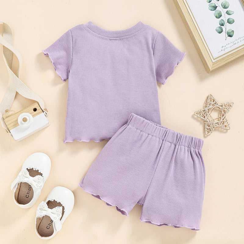 2022 Toddlers Baby Girls Summer Clothes Set Ruffle Ribbed Knit Short Sleeves T-Shirt Tops Shorts Casual Girls Outfits 2pcs