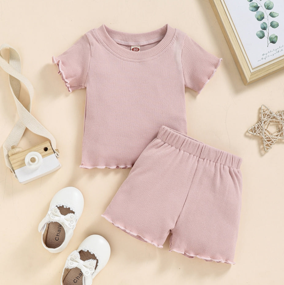 2022 Toddlers Baby Girls Summer Clothes Set Ruffle Ribbed Knit Short Sleeves T-Shirt Tops Shorts Casual Girls Outfits 2pcs