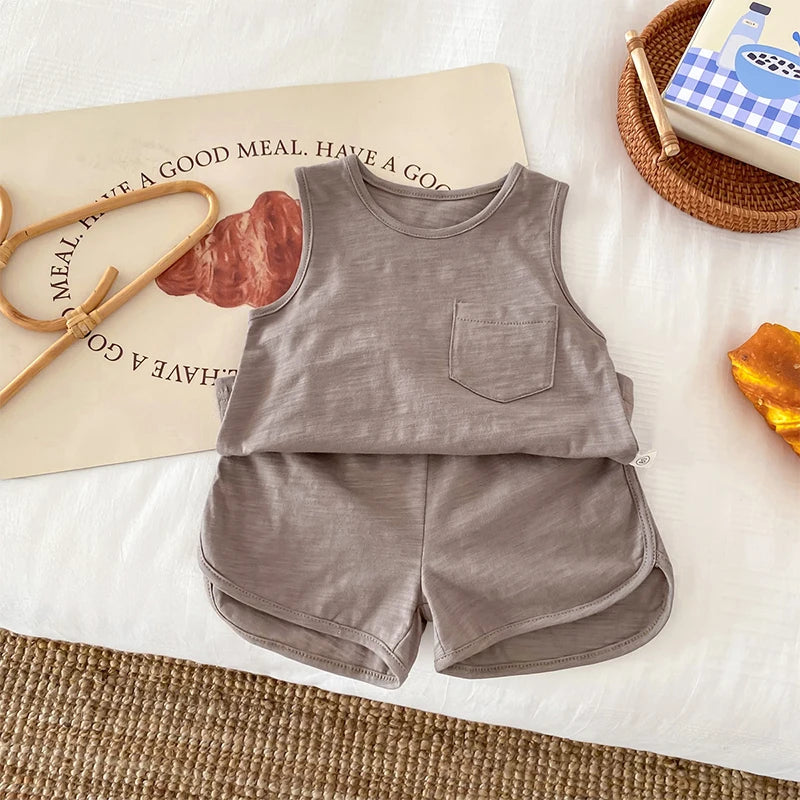 Kids Boy 2 Piece Outfits Solid Color/Stripe Print Sleeveless Tank Tops and Elastic Shorts Set Summer Clothes