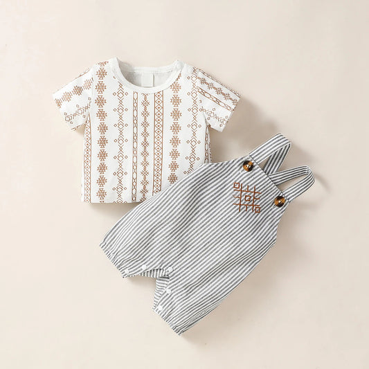 Baby Boy Clothes 2Pcs Short Sleeve Geometric Suspenders Suit For Summer Casual Wear