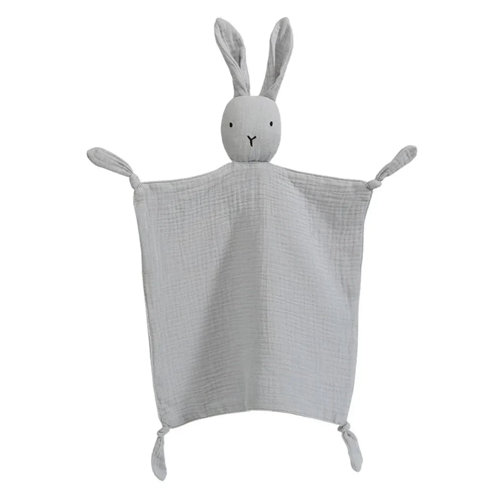 Gray muslin baby comforter with bunny head and tied corners plush security blanket