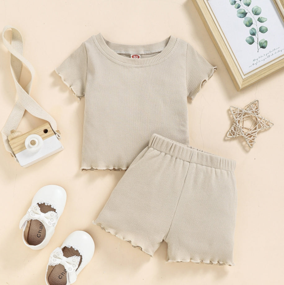 2022 Toddlers Baby Girls Summer Clothes Set Ruffle Ribbed Knit Short Sleeves T-Shirt Tops Shorts Casual Girls Outfits 2pcs