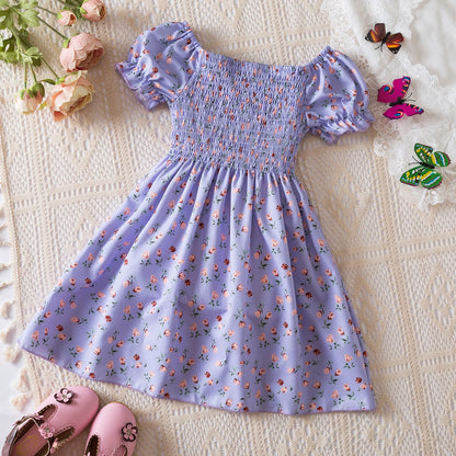 Kids Casual Dress for Girls Clothes 2024 New Summer Children Fashion White Floral Print Puff Sleeve Princess Dress 2-6 Years