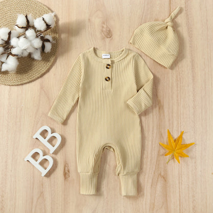 Baby Boy 2 Pieces Outfits Solid Color Ribbed Long Sleeve Romper Jumpsuit with Hat for Infant Toddler Fall Clothes
