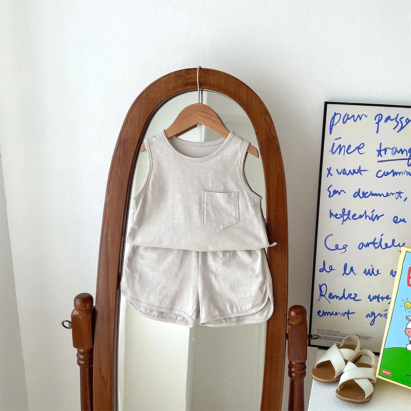 Kids Boy 2 Piece Outfits Solid Color/Stripe Print Sleeveless Tank Tops and Elastic Shorts Set Summer Clothes