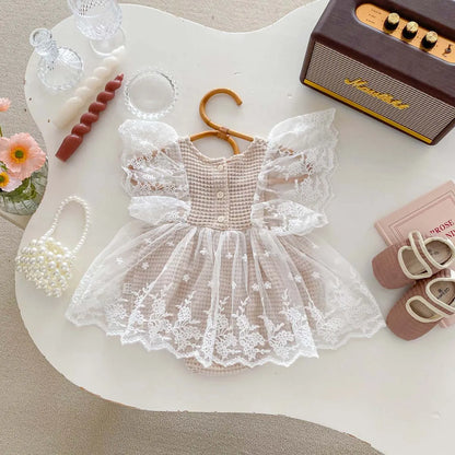 Newborn Baby Clothing Bodysuit Infant Waffle Romper Girls Flying Sleeve Summer Lace Jumpsuit Dress Sweet Toddler Clothes 3-24M