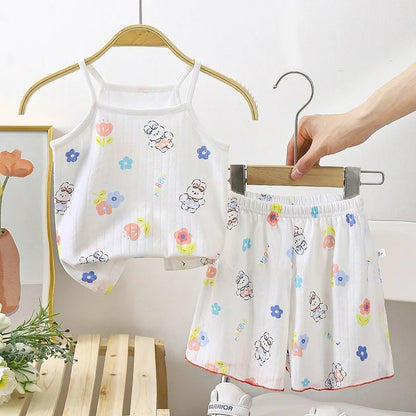 Baby Clothes Sets Summer Toddler Girl Strap Suits Cotton Printing Baby Boy Tops Tee and Shorts Infant Tracksuit Newborn Sets