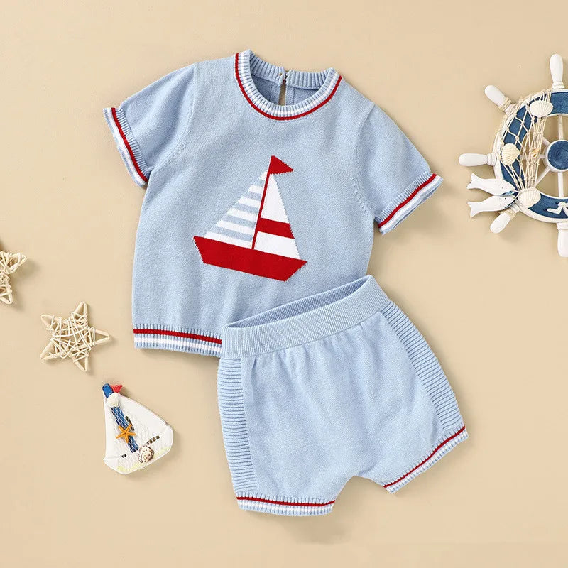 Baby Clothes Infant Boy Knitted Clothing Sets Kids Spanish Boutique Costume Set Summer Toddler Shirt Shorts 2PCS Suit Boys Party