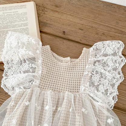 Newborn Baby Clothing Bodysuit Infant Waffle Romper Girls Flying Sleeve Summer Lace Jumpsuit Dress Sweet Toddler Clothes 3-24M