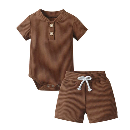 Newborn infant Baby Boy Casual Clothes Set Summer New Solid Knitted Short Sleeve Romper Top and Shorts Two-piece Outfit for Boys