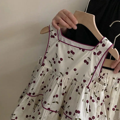 Kids Summer Clothing Set Girls Cherry Print Square Collar Loose Shirt+Elastic Waist Shorts 2-8Y Children 2Pcs Cute Clothes Suit