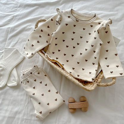 Spring/Autumn Baby Clothing Set 0-3 Year Old Girl Love Pattern Long Sleeve Long Pants 2-piece Set Pure Cotton Baby Outing Set