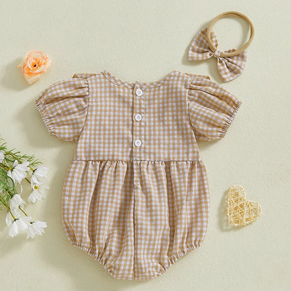 Baby Clothing Girls Romper + Headband Cotton Flying Sleeve Plaid Infant Rompers Jumpsuit Newborn Clothes