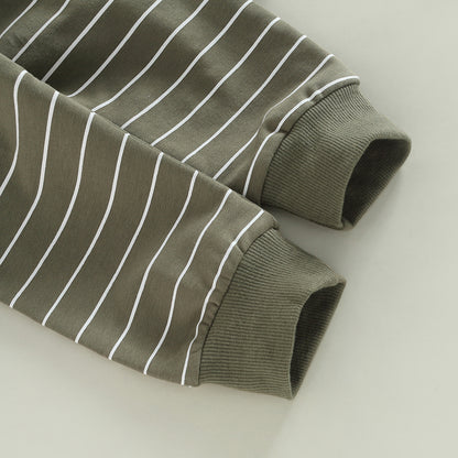 2PCS Toddler Boy Autumn Clothes Long Sleeve Round Neck Tops with Pocket Pullover and Stripe Trousers Tracksuit