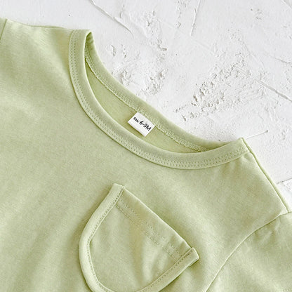 Toddler Baby Summer Casual Clothes Sets Solid Color With Pocket T-shirt Tops+Striped Triangle Shorts Boys Girls Clothes 2Pcs/Set