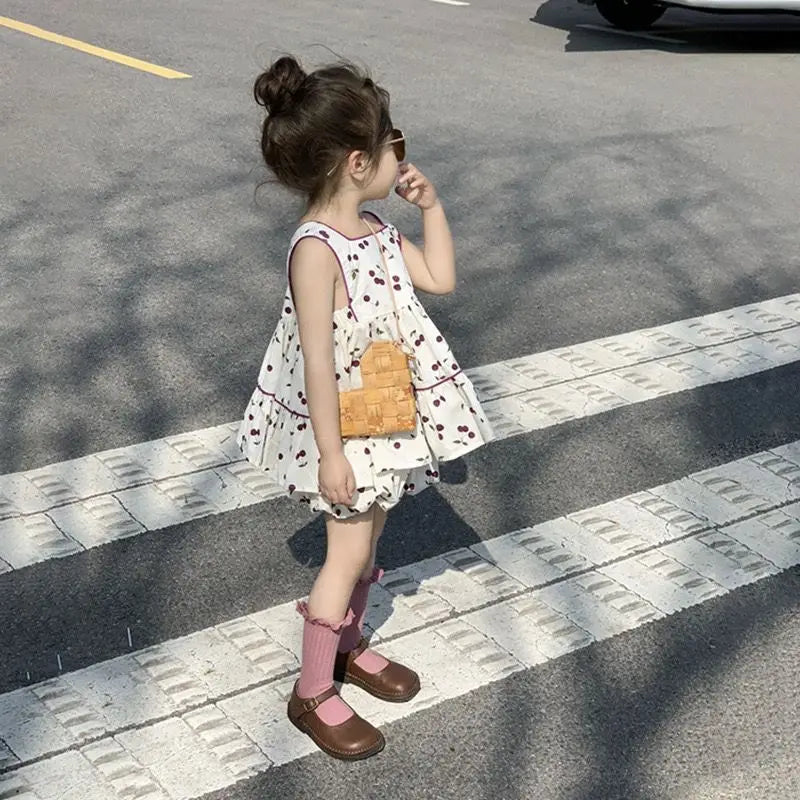 Kids Summer Clothing Set Girls Cherry Print Square Collar Loose Shirt+Elastic Waist Shorts 2-8Y Children 2Pcs Cute Clothes Suit