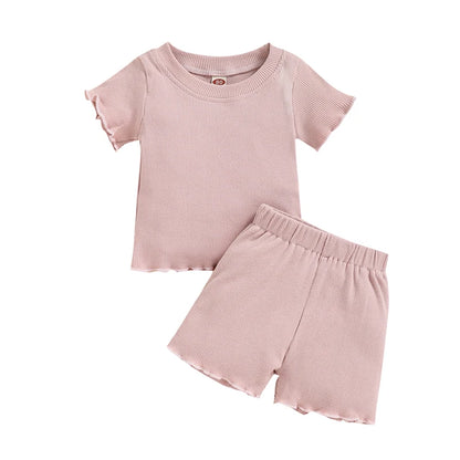2025 Toddlers Baby Girls Summer Clothes Set Ruffle Ribbed Knit Short Sleeves T-Shirt Tops Shorts Casual Girls Outfits 2pcs
