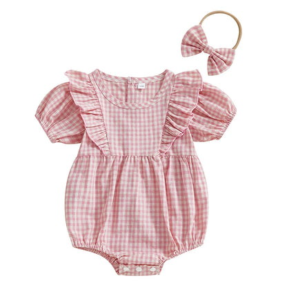 Baby Clothing Girls Romper + Headband Cotton Flying Sleeve Plaid Infant Rompers Jumpsuit Newborn Clothes