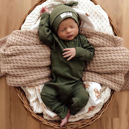 Baby Boy 2 Pieces Outfits Solid Color Ribbed Long Sleeve Romper Jumpsuit with Hat for Infant Toddler Fall Clothes