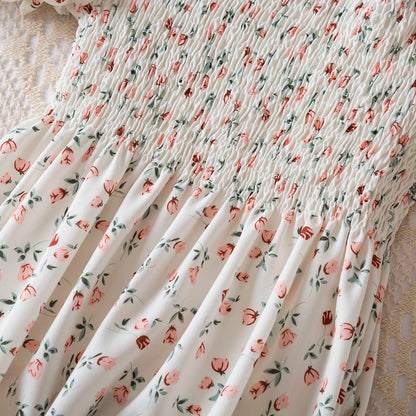 Kids Casual Dress for Girls Clothes 2024 New Summer Children Fashion White Floral Print Puff Sleeve Princess Dress 2-6 Years