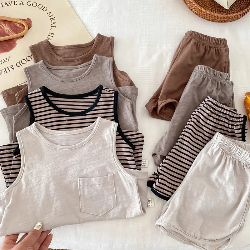 Kids Boy 2 Piece Outfits Solid Color/Stripe Print Sleeveless Tank Tops and Elastic Shorts Set Summer Clothes