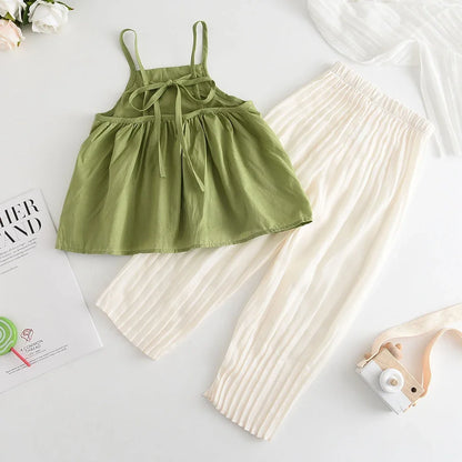 Toddler Girls Suit 2023 New Summer Hollow Suspender Top + Solid Color Trousers Fashion Suit Soft Clothes 2-7 Years