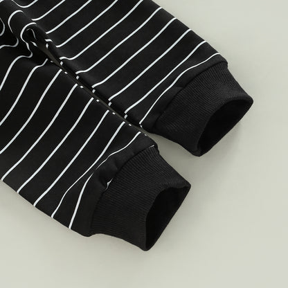 2PCS Toddler Boy Autumn Clothes Long Sleeve Round Neck Tops with Pocket Pullover and Stripe Trousers Tracksuit