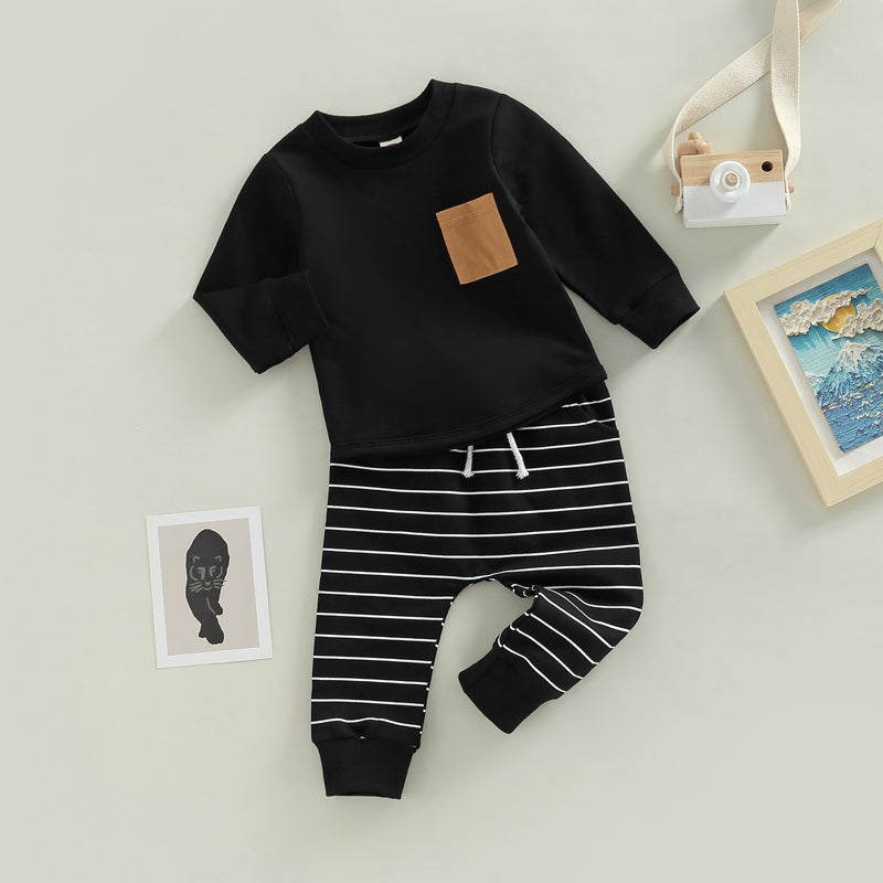 2PCS Toddler Boy Autumn Clothes Long Sleeve Round Neck Tops with Pocket Pullover and Stripe Trousers Tracksuit