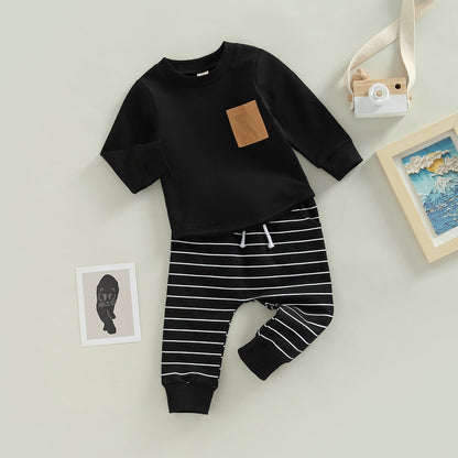2PCS Toddler Boy Autumn Clothes Long Sleeve Round Neck Tops with Pocket Pullover and Stripe Trousers Tracksuit