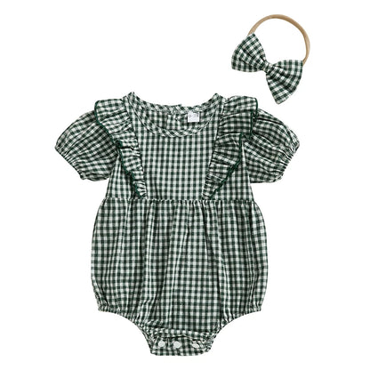 Baby Clothing Girls Romper + Headband Cotton Flying Sleeve Plaid Infant Rompers Jumpsuit Newborn Clothes