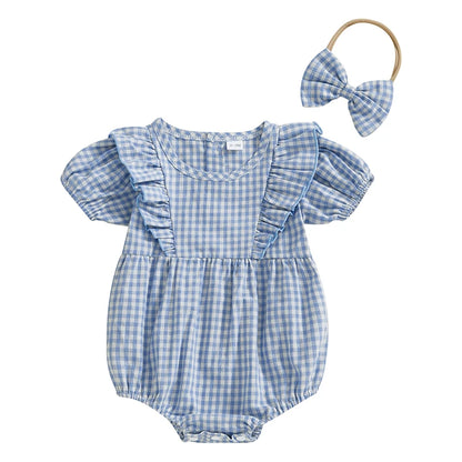 Baby Clothing Girls Romper + Headband Cotton Flying Sleeve Plaid Infant Rompers Jumpsuit Newborn Clothes