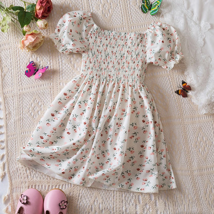 Kids Casual Dress for Girls Clothes 2024 New Summer Children Fashion White Floral Print Puff Sleeve Princess Dress 2-6 Years