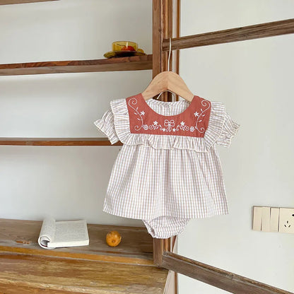 Toddler Baby Girl Suit Clothes Toddler Short Sleeves Shirt+PP Bread Shorts 2PCS Baby Girl Plaid Suit Baby Girl Summer Clothes